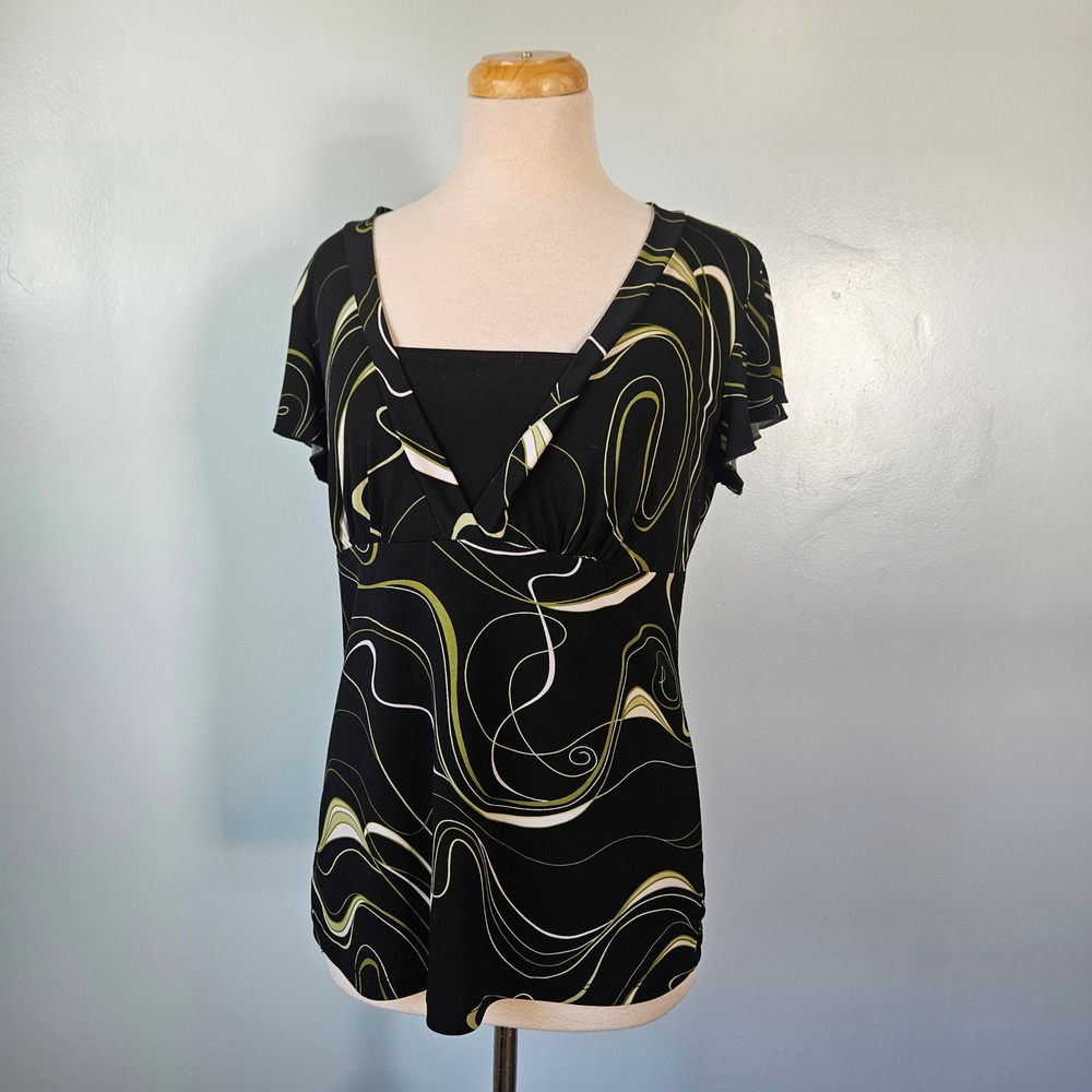 JKLA California Y2K 2000s Black Green Abstract Swirl Empire Waist Top‎ USA Large